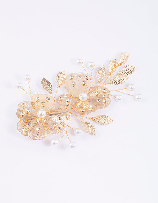 Gold Pearl Etched Flower Hair Clip