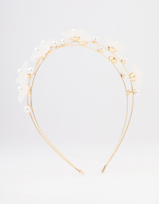 Gold Pearl Flower Double Headband