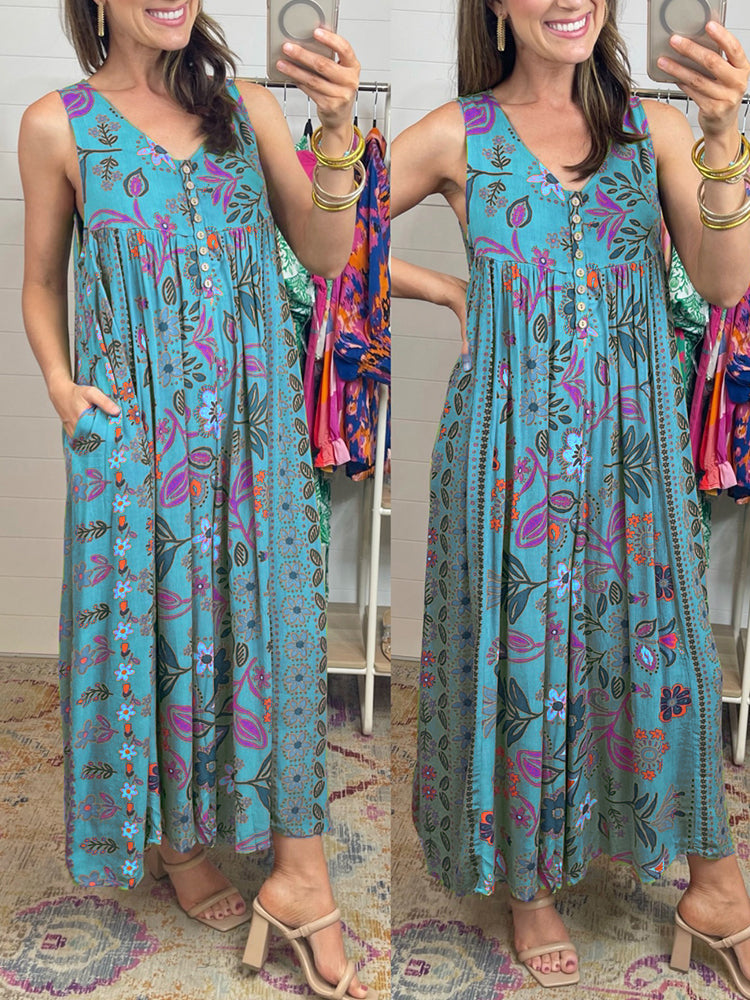 Vintage floral print loose sleeveless jumpsuit