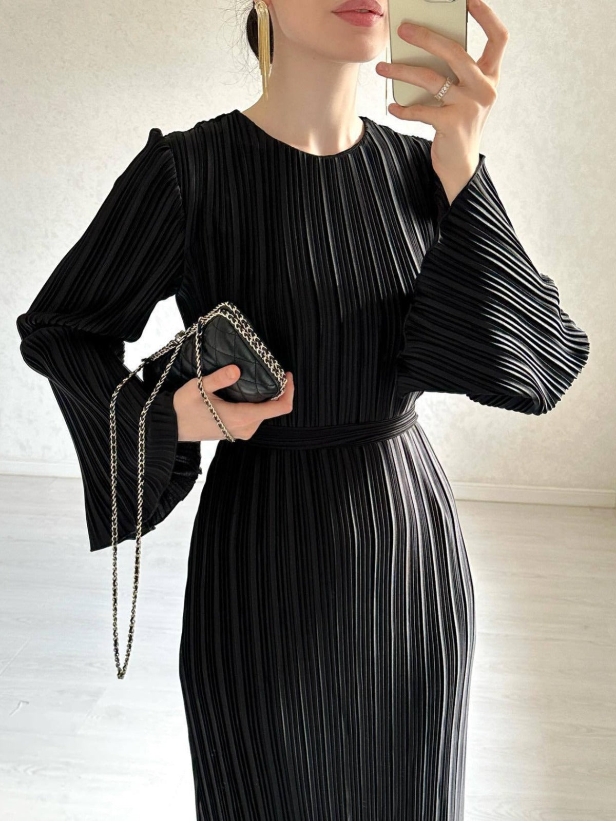 Pleated Bell Sleeve Maxi Dress (Buy 2 Free Shipping)