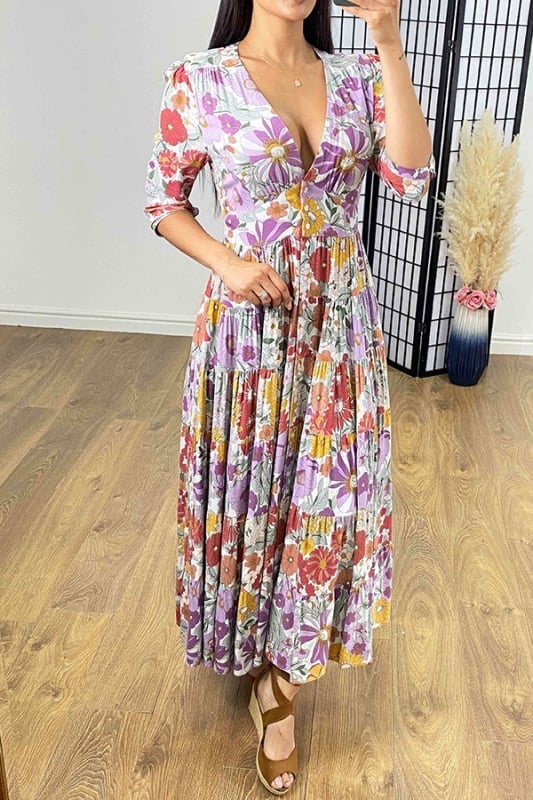 🔥New Hot Sales💃Casual floral print V-neck waist wrap long dress - Buy two and get free shipping!