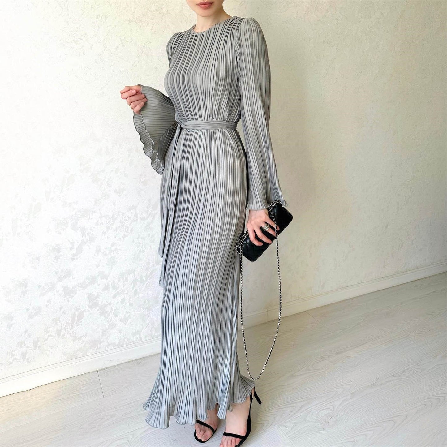 Pleated Bell Sleeve Maxi Dress (Buy 2 Free Shipping)