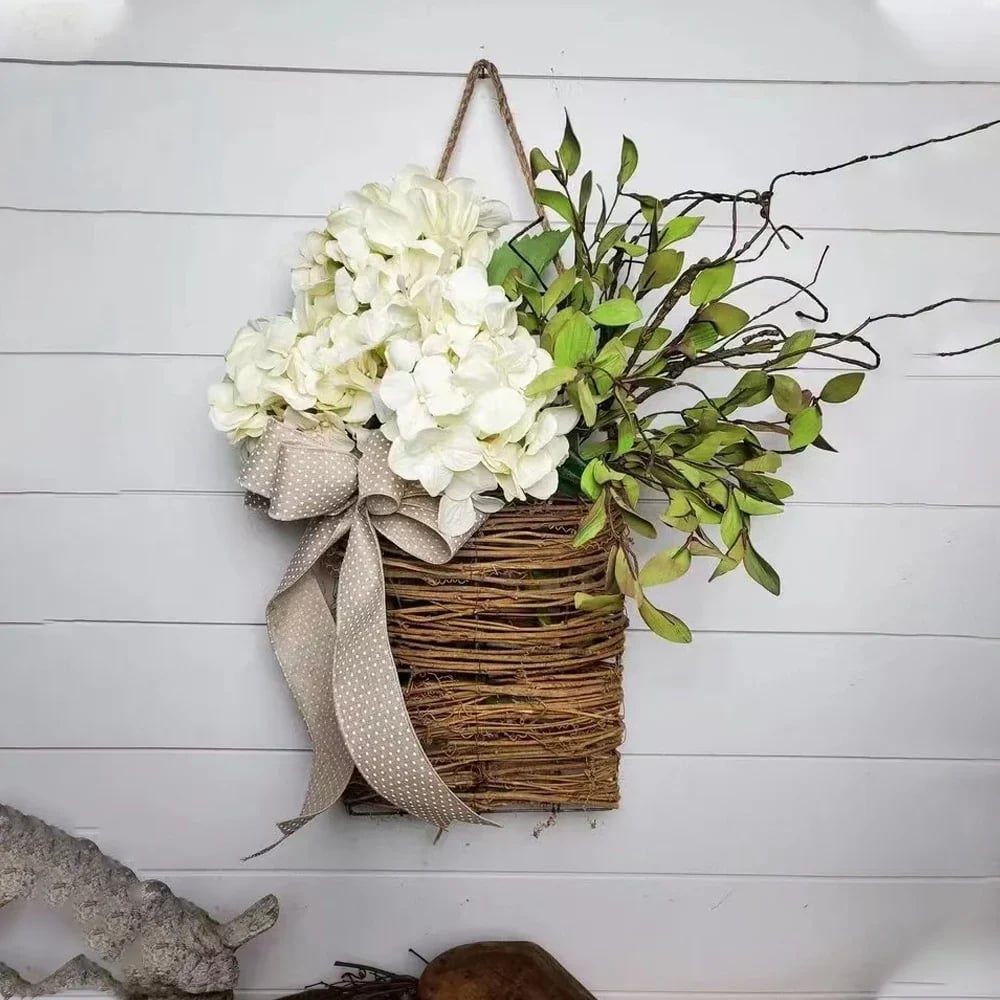 🎁🔥💐Cream Hydrangea Door Hanger Basket Wreath