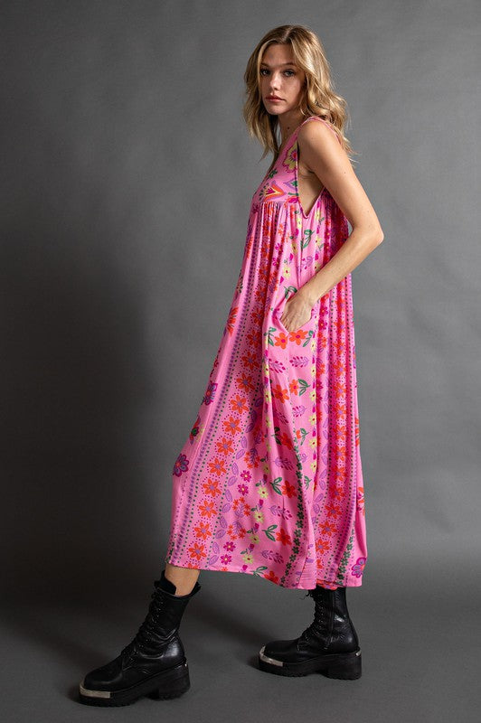 Vintage floral print loose sleeveless jumpsuit