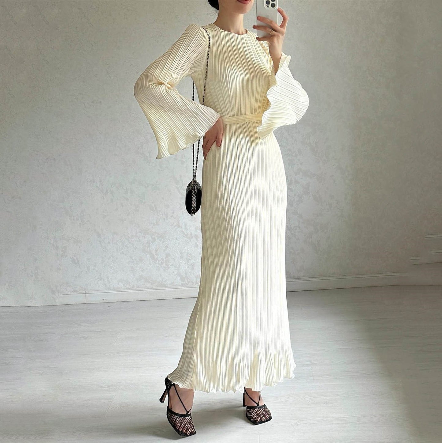 Pleated Bell Sleeve Maxi Dress (Buy 2 Free Shipping)